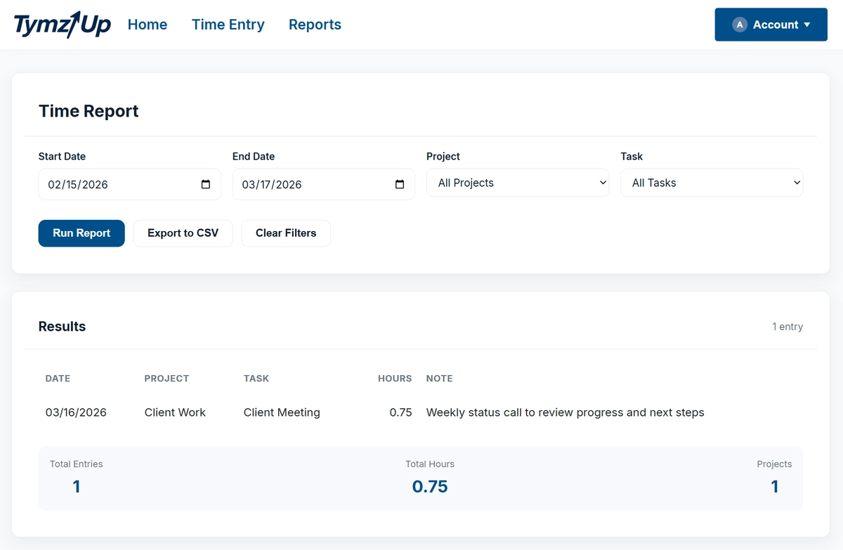 TymzUp reports page showing filters and weekly time reporting