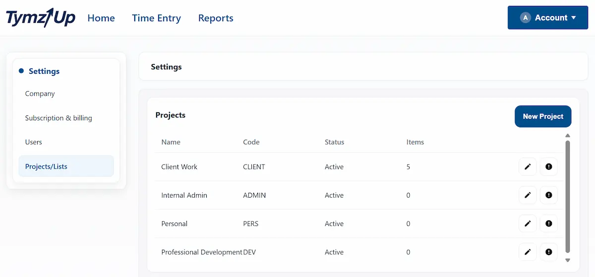 TymzUp settings page showing Projects/Lists and the New Project button