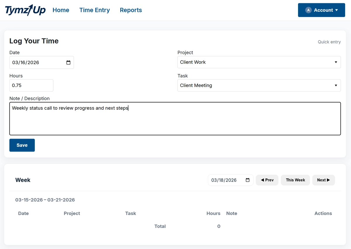 TymzUp time entry form with project, task, hours, and note fields