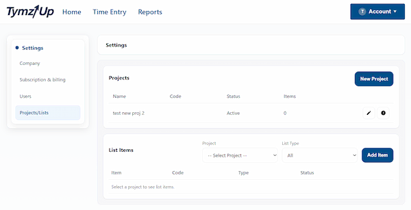 TymzUp projects and task lists settings screen